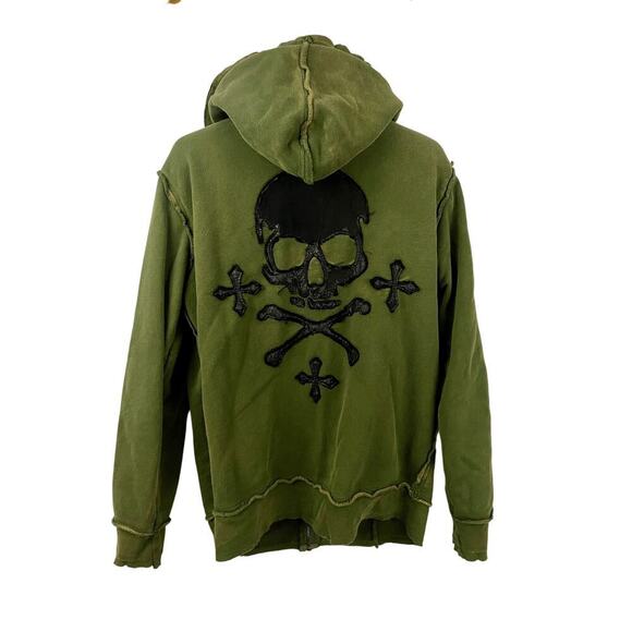 Affliction Green Skull Hoodie Full Zip Light Jacket M Grunge Y2K Distressed Mens - Picture 2 of 16